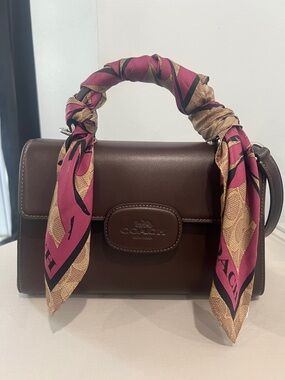Coach Brown Leather Satchel without Pink-Tan Scarf-Wrapped Handle
